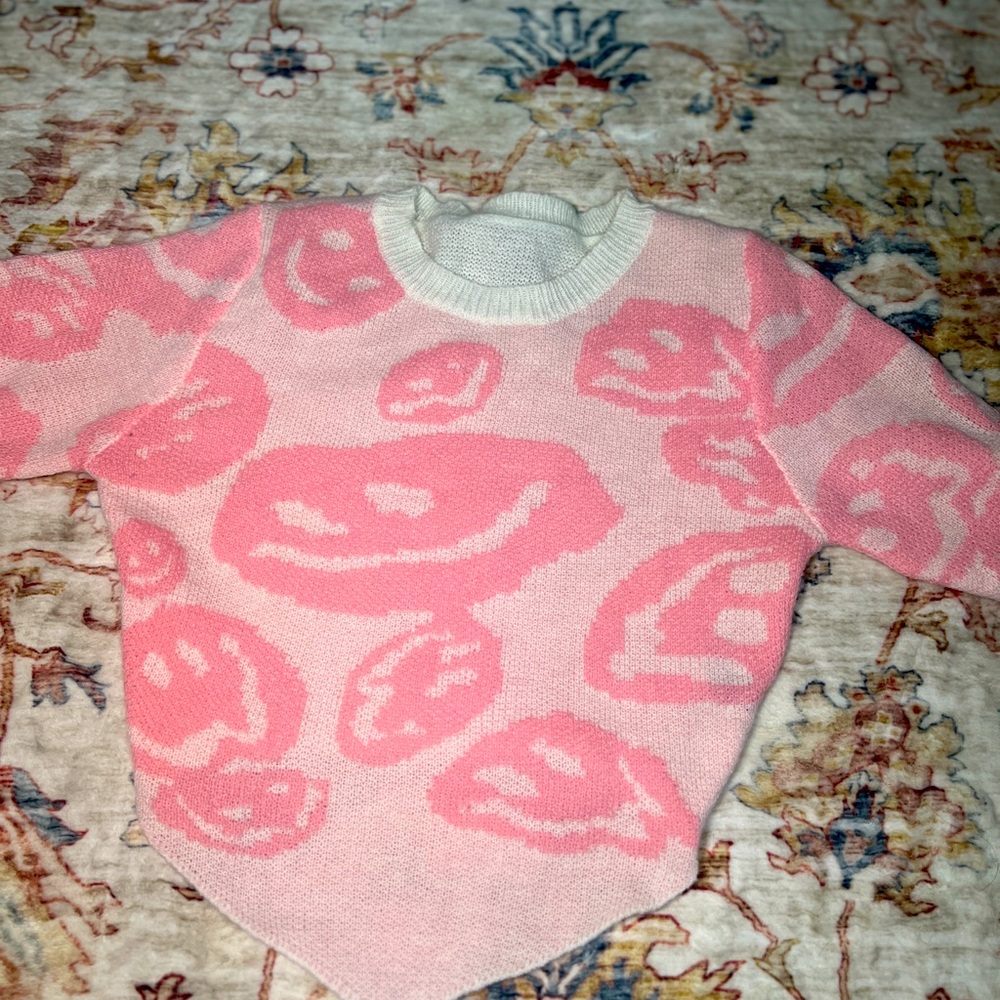 SOLD Pink & White Smiley Face lightweight Knit asymmetrical sweater with V